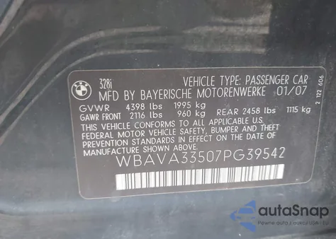 2007 BMW 328I из США, поврежденный, VIN WBAVA33507PG39542